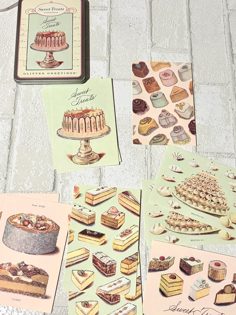 11 Cards & Tin Sweet Treats Glitter Greetings Post Card Set by Cavallini & Co